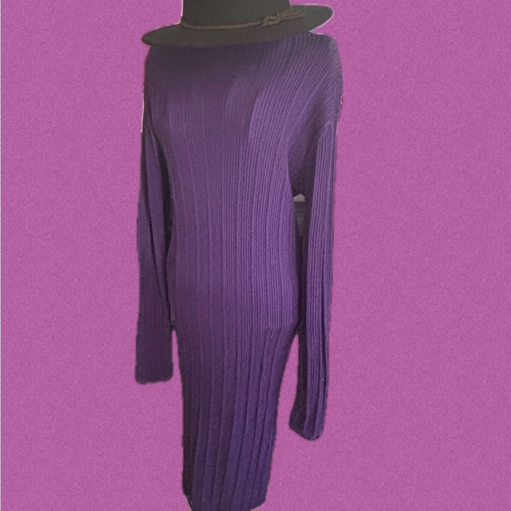 Purple Ribbed Knit Dress with Black Hat